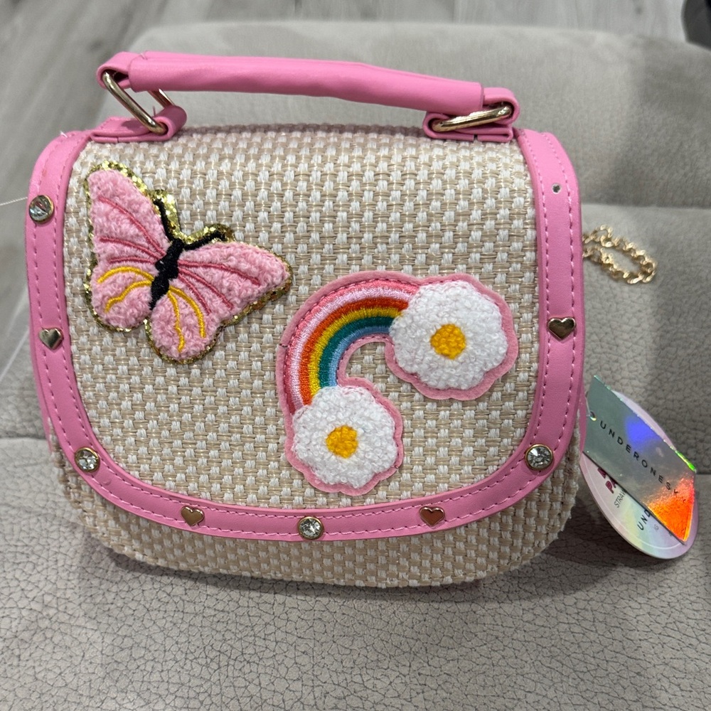 Pink Trim Woven Crossbody Bag with Butterfly & Rainbow Patches